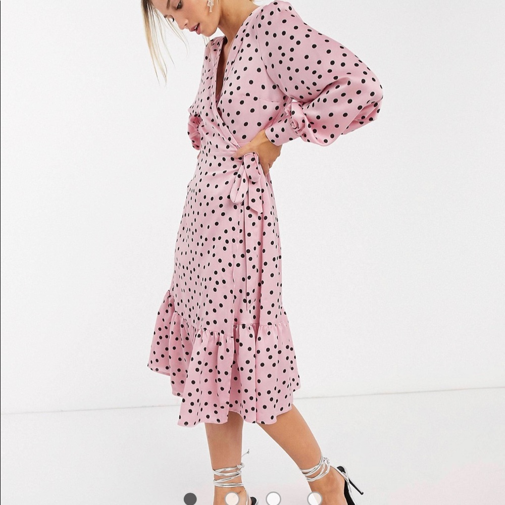 NWT Vero Moda wrap midi dress with ruffle hem in pink polka dot